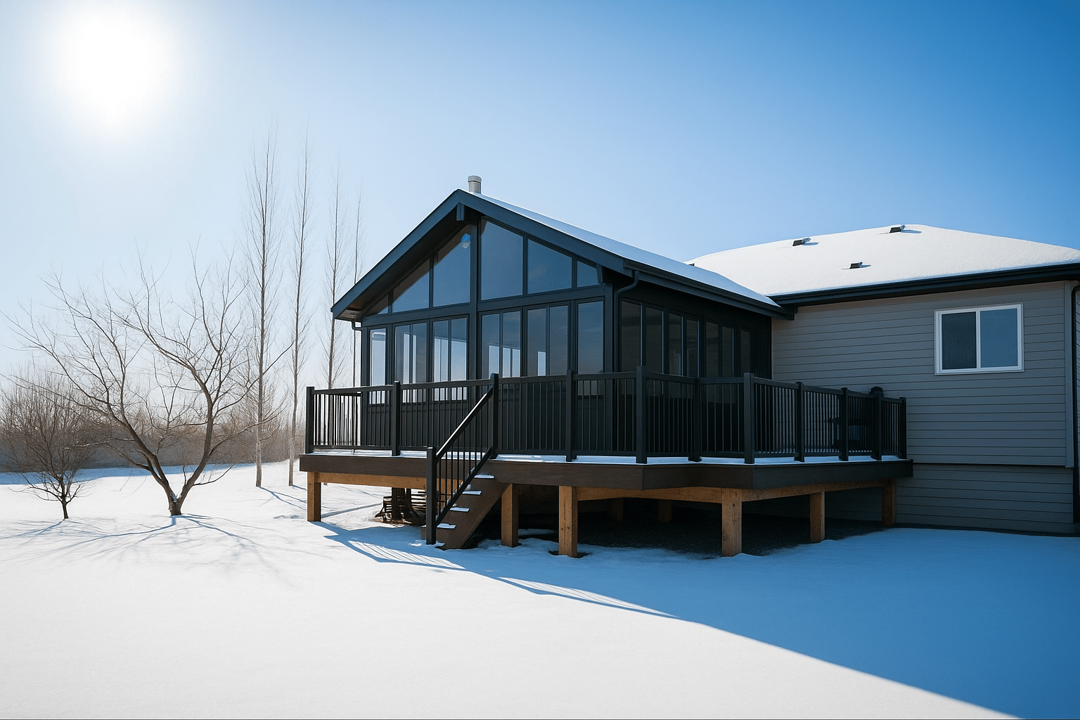 Exterior view of a black-framed Sunspace sunroom with large windows and elevated wooden deck in snow.