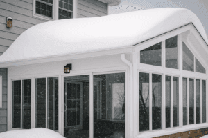 White aluminum three-season sunroom covered in snow, showing energy-efficient WeatherMaster™ windows.