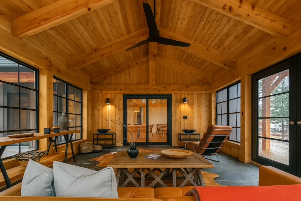 Wood-interior room with seating and a round table