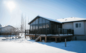 Enclosed room on a raised deck during winter