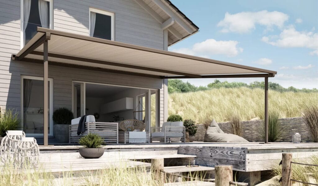 Adjustable pergola providing shade on a contemporary home terrace