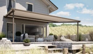 Adjustable pergola providing shade on a contemporary home terrace