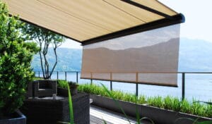 Vertical drop screen shading balcony with lake view