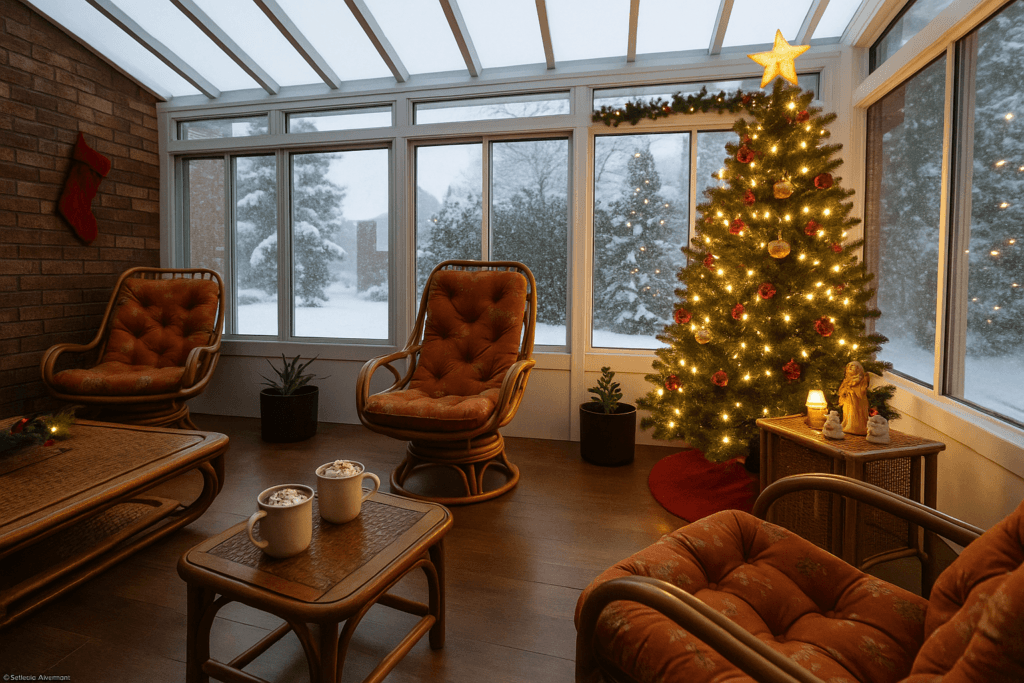 Sunroom with armchairs, Christmas tree, winter scenery outside.