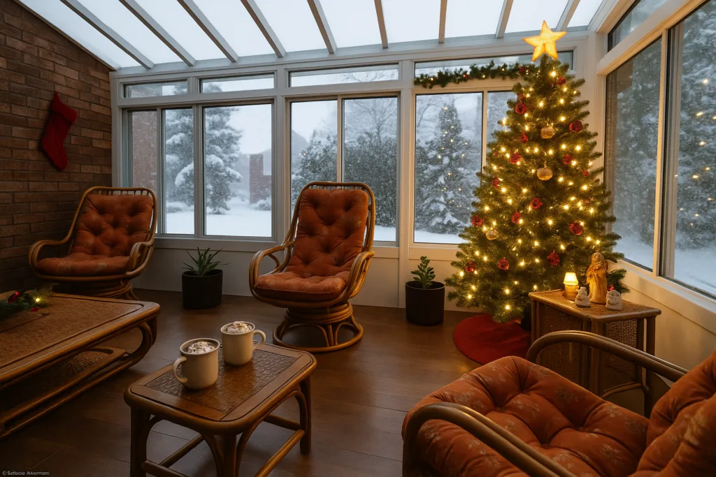 Sunroom with armchairs, Christmas tree, winter scenery outside.