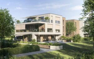 Modern residential building with integrated awning systems