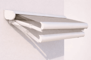 Awning arm and fabric detail in neutral color