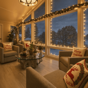 Sunroom interior with string lights, seating, winter view.