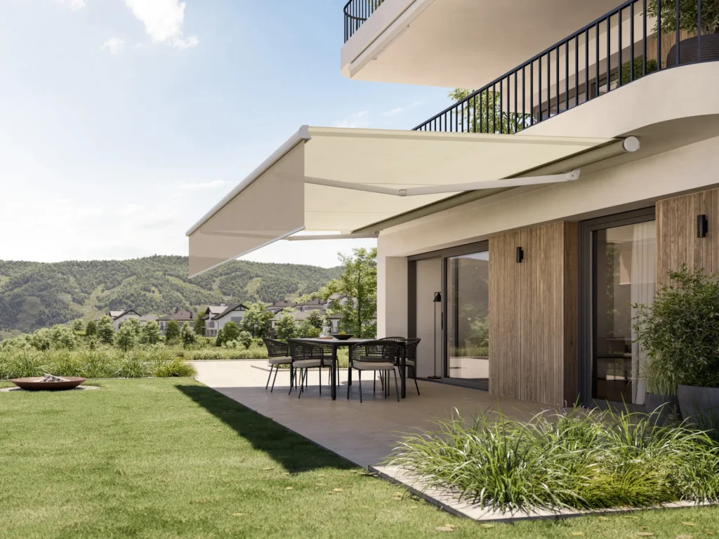 Modern wall-mounted awning shading a contemporary patio