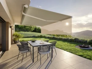 Patio awning extended over terrace with garden view