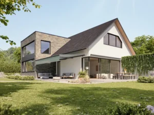 Residential awning installed on modern single-family home