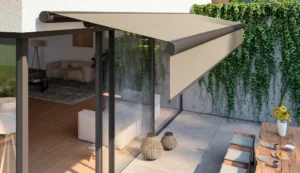 Retractable awning providing shade over outdoor dining area