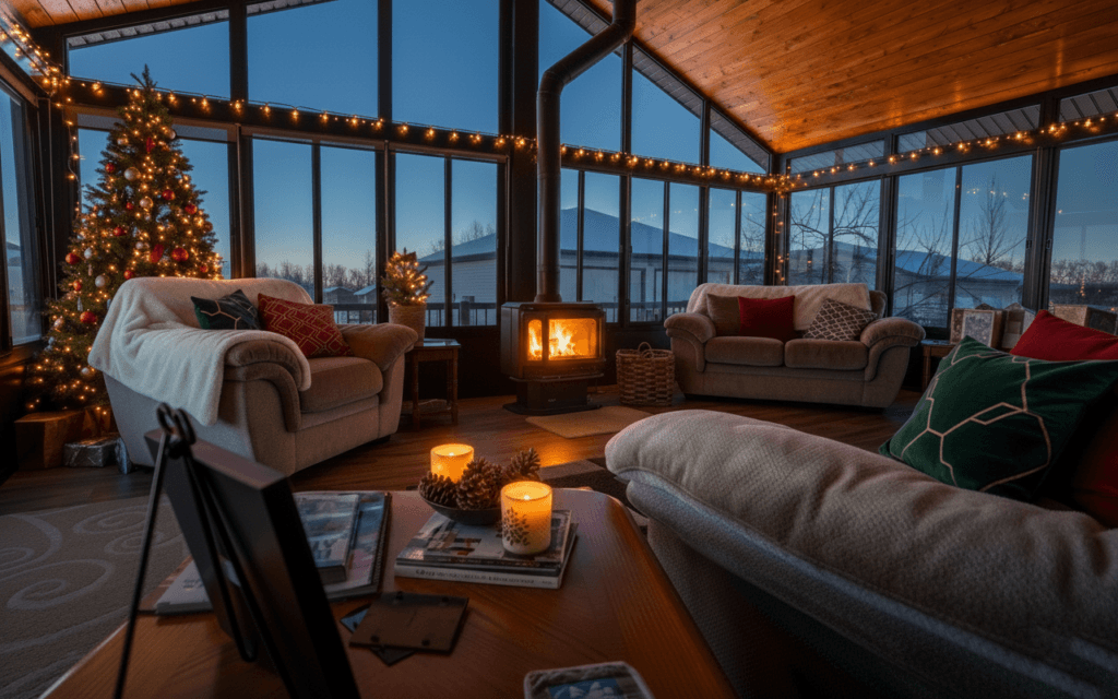 Living room style sunroom with wood ceiling and evening lighting.