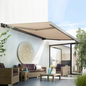 Modern patio with wall-mounted awning extended