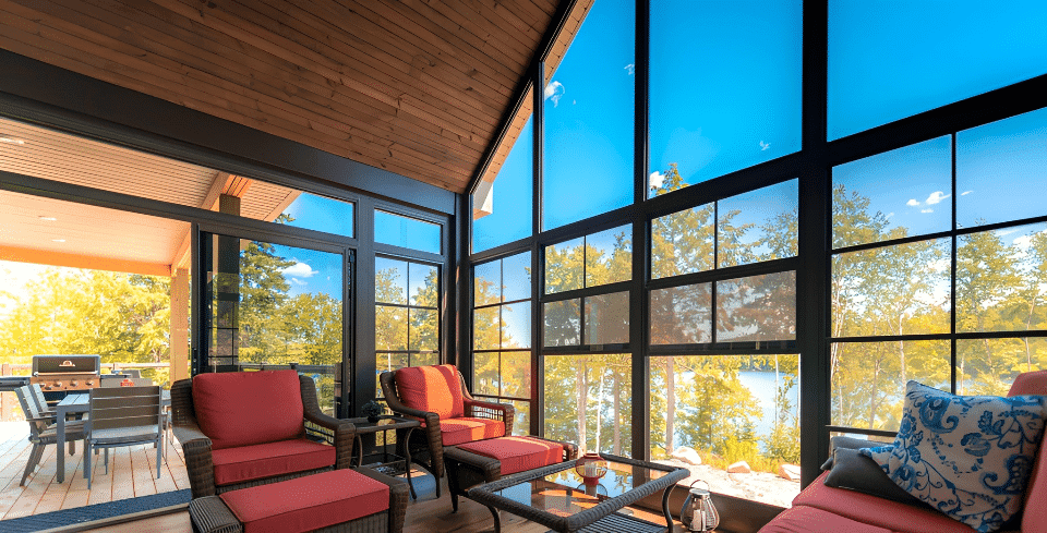 Enclosed porch with dark framing, red chairs, outdoor view.