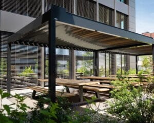 Modern residential building with integrated awning systems