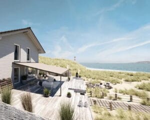 Modern residential building with integrated awning systems
