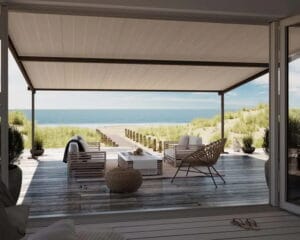 Commercial terrace shaded by large awning structure