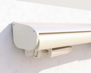 Wall-mounted awning cassette in closed position