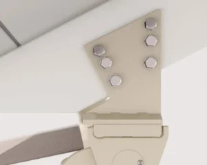 Awning arm bracket and mounting hardware detail