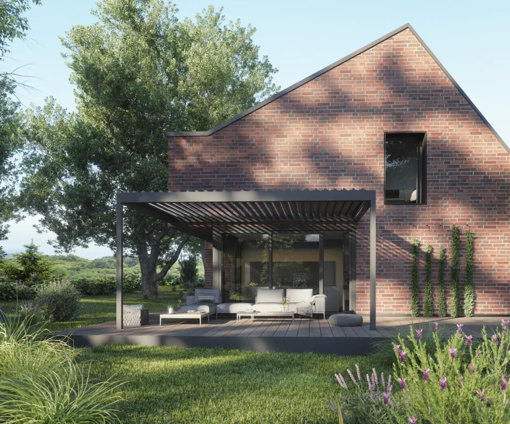 Brick house with covered terrace and hardtop pergola