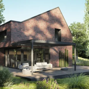 Contemporary home with hardtop pergola and glass enclosure