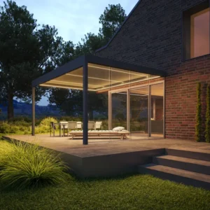 Modern brick house with hardtop pergola attached to terrace