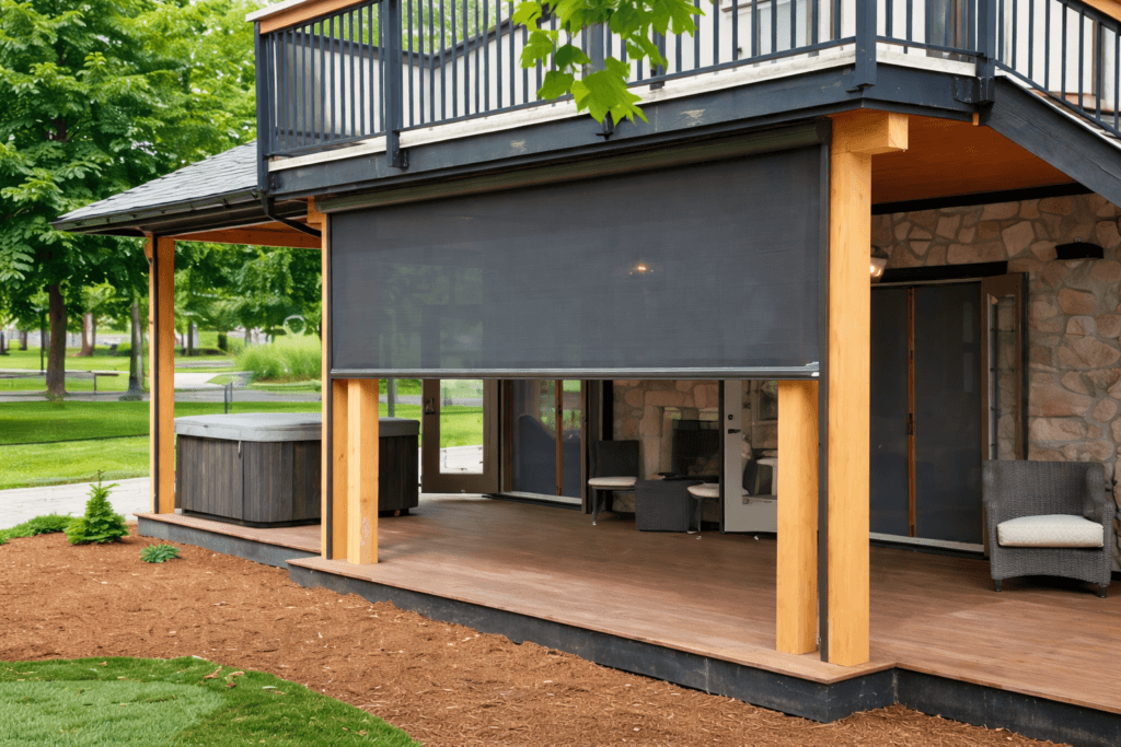 Outdoor patio with dark vertical screen shades installed under a deck