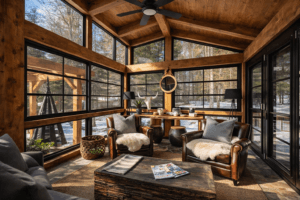 Warm sunroom with wood structure and lounge seating