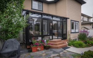 Black-framed sunroom enclosure with exterior entry steps