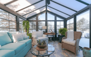 Modern sunroom with glass roof and full-height windows