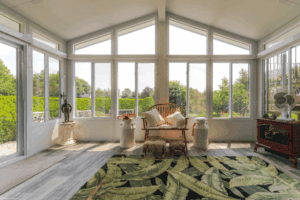 Four-season sunroom with white framing and panoramic views
