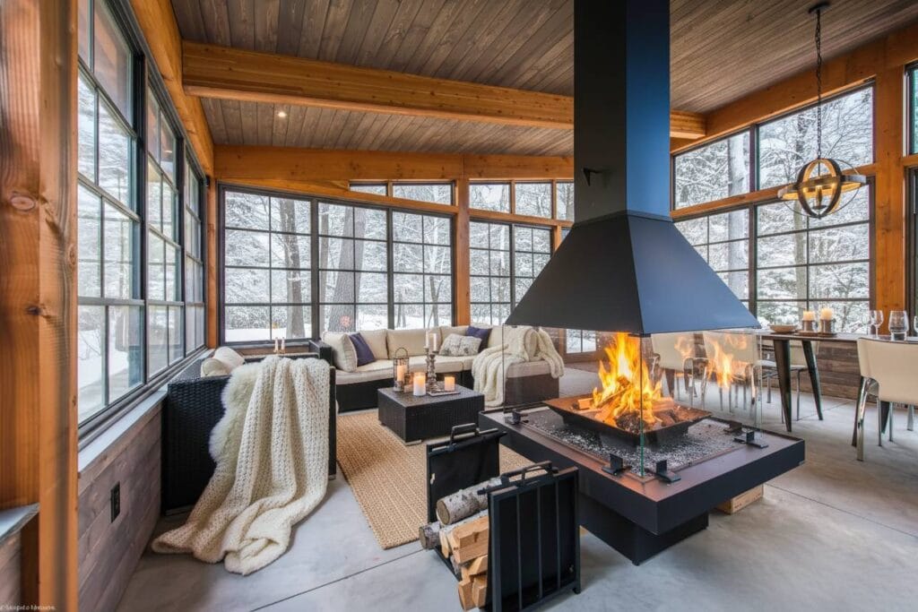 Sunroom with fireplace and floor-to-ceiling windows
