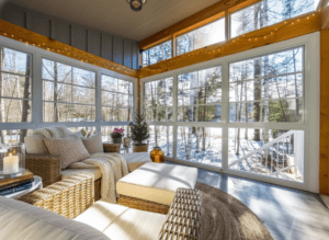 Sunroom with corner glass walls and winter view