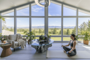 High-ceiling sunroom with panoramic glass and mountain views