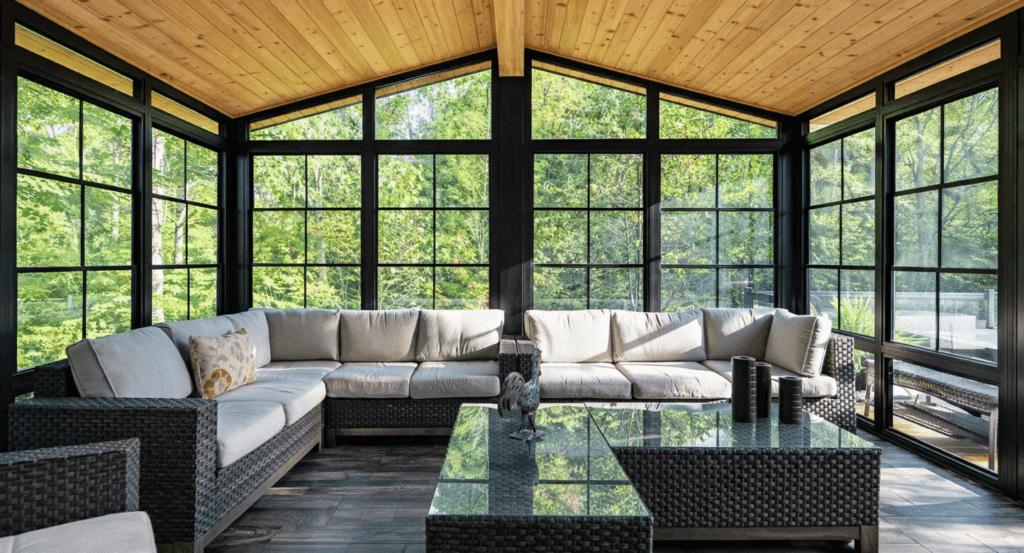 Wood-ceiling sunroom with black-framed windows and seating