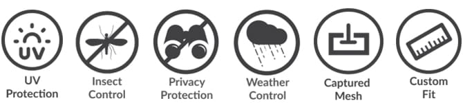UV, insect, privacy, and weather protection icons with captured mesh and custom fit features