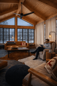 Four-season sunroom with wood beams and large windows