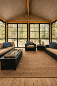 Four-season sunroom with black-framed windows and wood interior