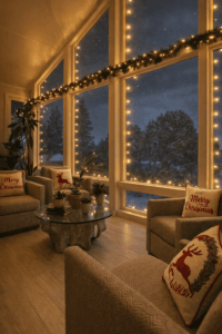 Four-season sunroom with full glass walls and evening lighting