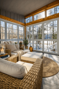 Glass sunroom enclosure with wraparound windows in winter