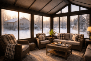 Interior sunroom view with light window condensation in winter
