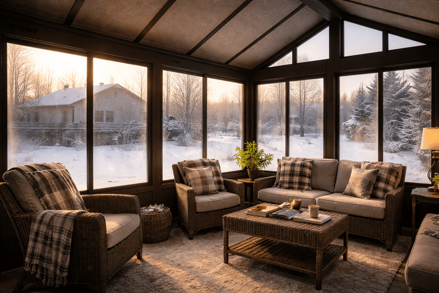 Interior sunroom view with light window condensation in winter