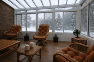 Winter sunroom interior with WeatherMaster vinyl windows and seating