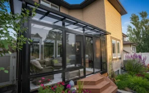 Modern black aluminum sunroom attached to residential home