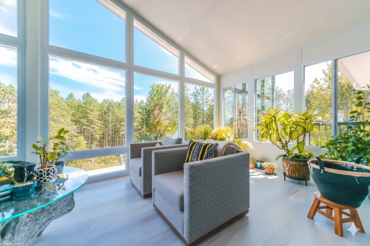 Contemporary white sunroom with bright living area