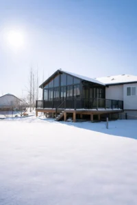 sunroom in winter with snowy landscape