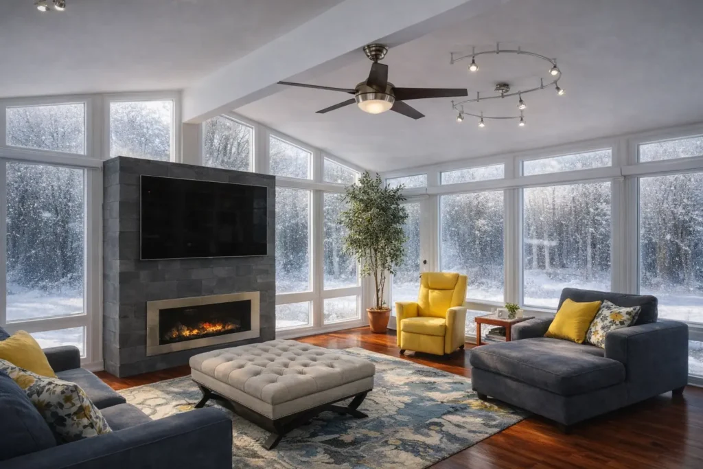 Living room integrated into sunroom with fireplace and floor-to-ceiling windows