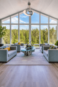 Bright cathedral-ceiling sunroom with forest view