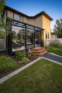 HR2 Construction sunroom with black aluminum structure and deck access